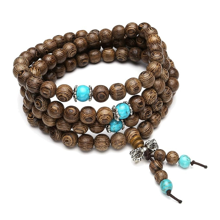 108 Natural Wenge Wood Turquoise Anxiety Beads Bracelet