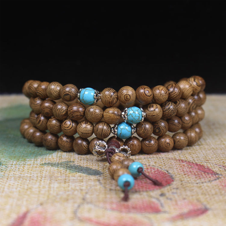 108 Natural Wenge Wood Turquoise Anxiety Beads Bracelet