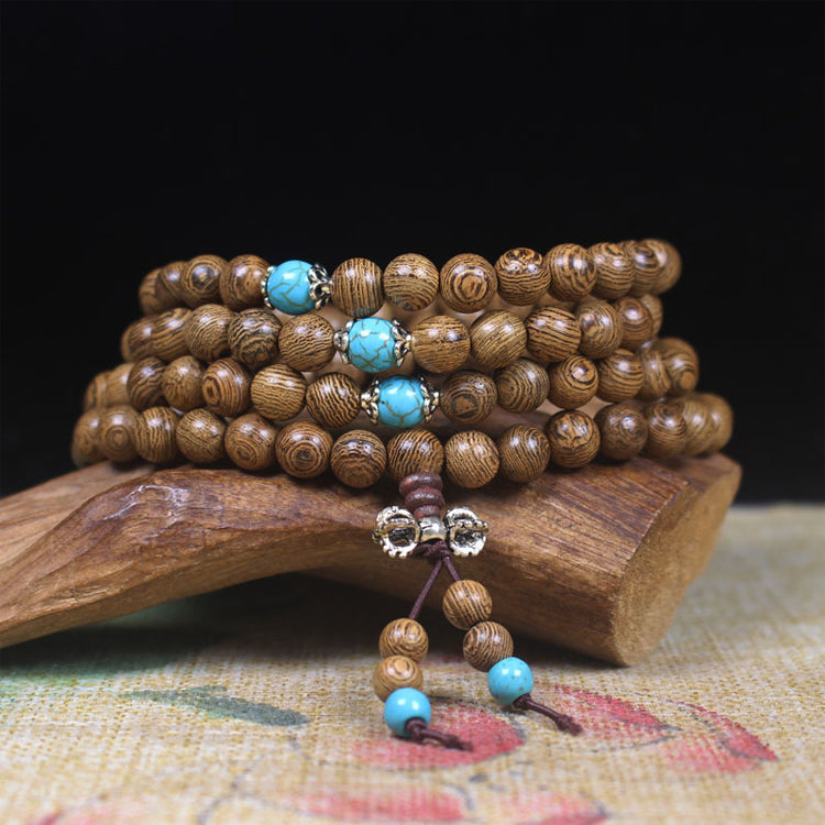 108 Natural Wenge Wood Turquoise Anxiety Beads Bracelet