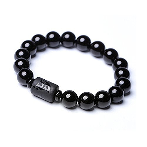 Natural Obsidian Stone Bead Bracelet Couple Men 10mm and Women 8mm Dragon and Phoenix Totem Jewelry