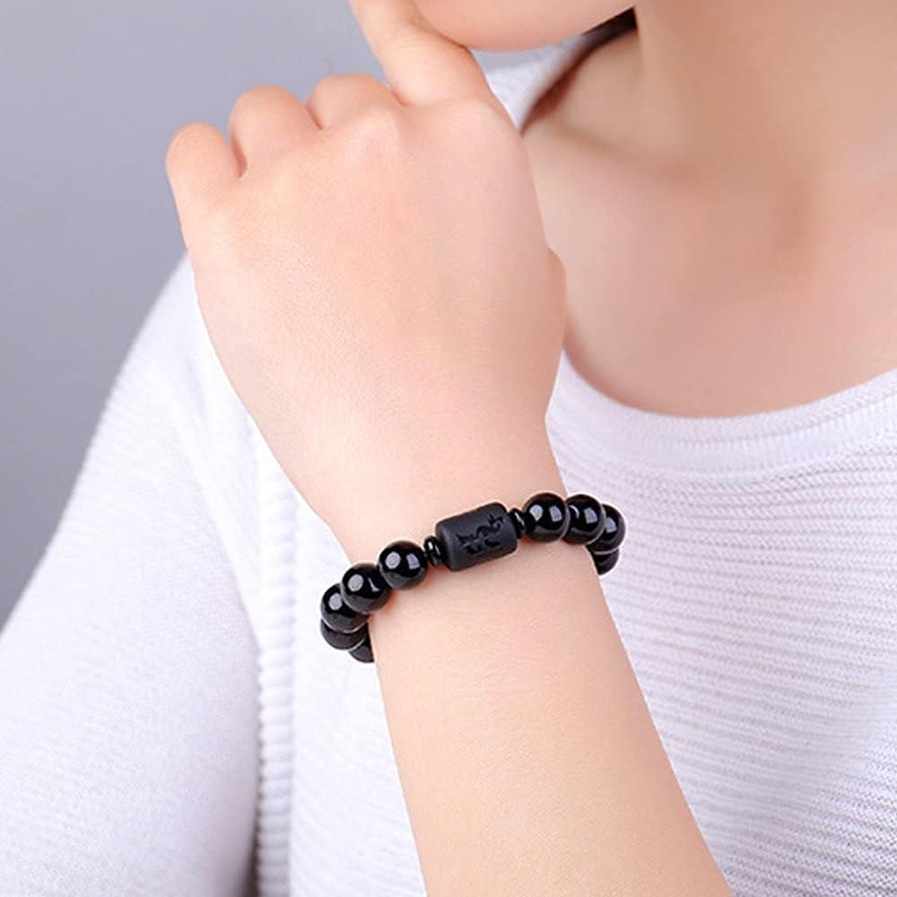 Natural Obsidian Stone Bead Bracelet Couple Men 10mm and Women 8mm Dragon and Phoenix Totem Jewelry