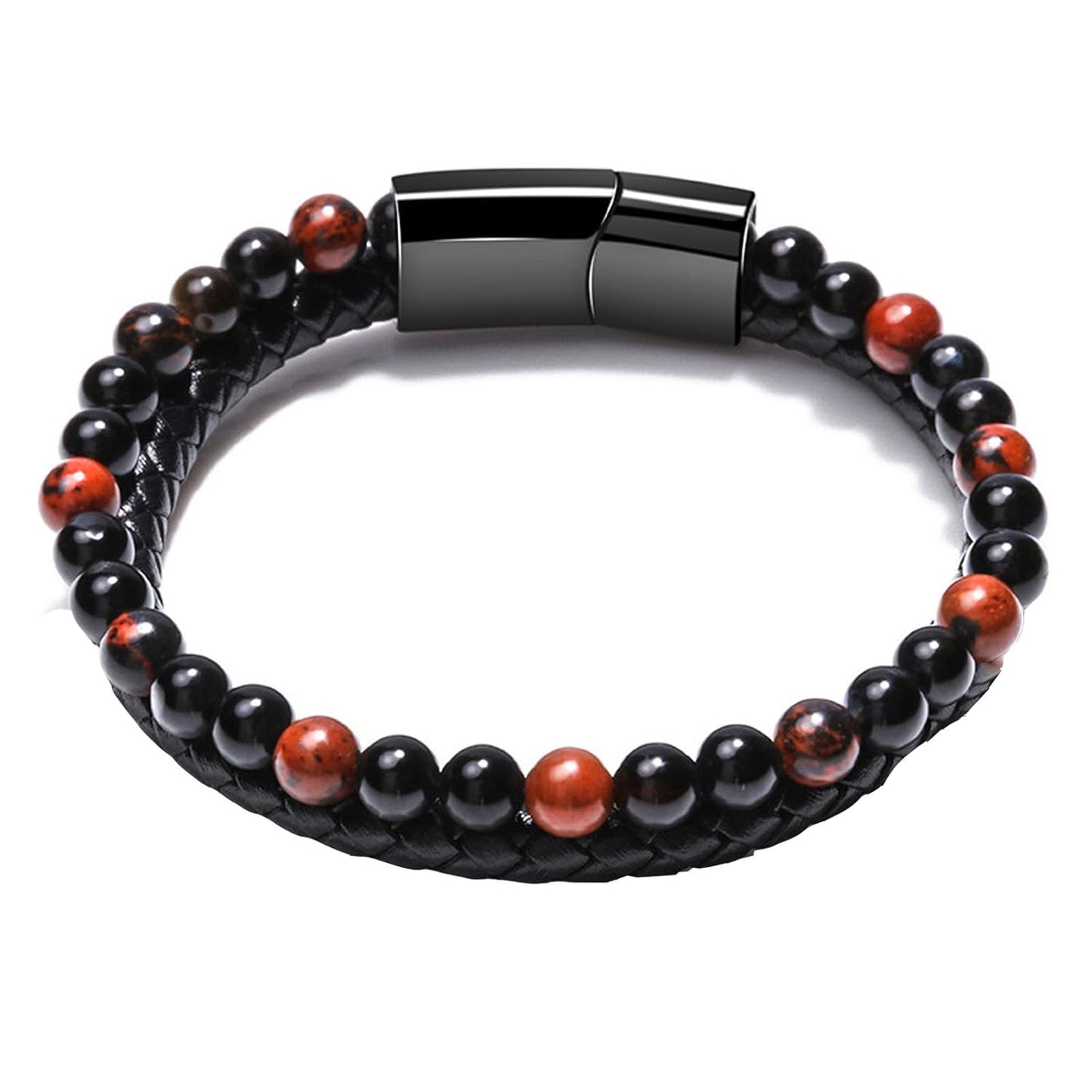 Men Leather Bracelet 2 in 1 Handmade Braided Leather Rope Tiger Eye Beaded Stone Bracelets, Double Row Magnetic Clasp Bracelet Jewelry Gift for Men and Boy (Agate, 8.3 In)