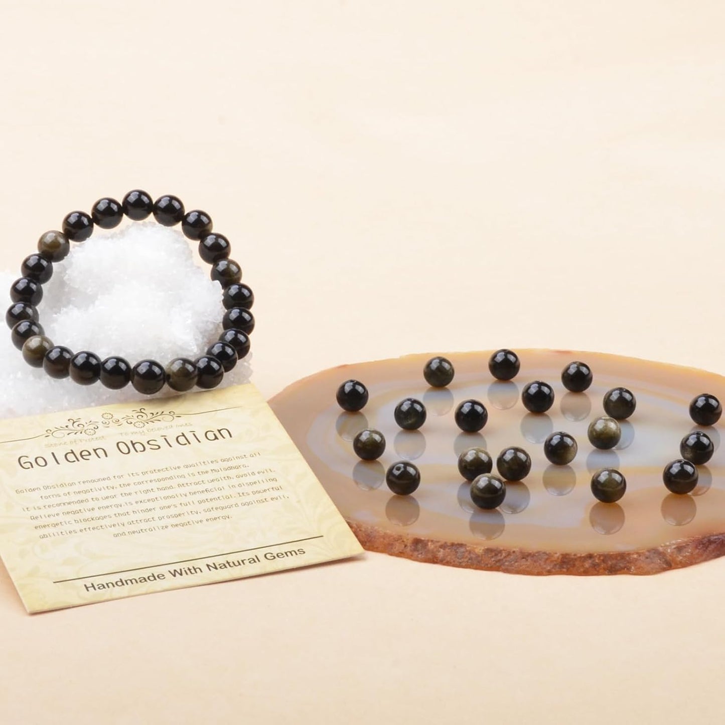 4mm Natural Healing Gemstone Bracelet Handmade Yoga Stretch Elastic Bracelet Stress Relief Crystal Jewelry for Men and Women (4mm, Golden Obsidian)