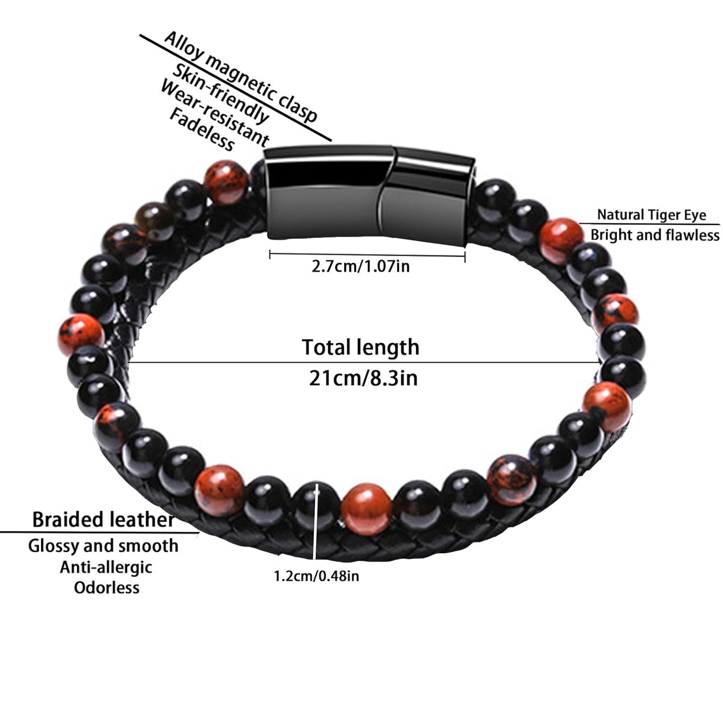 Men Leather Bracelet 2 in 1 Handmade Braided Leather Rope Tiger Eye Beaded Stone Bracelets, Double Row Magnetic Clasp Bracelet Jewelry Gift for Men and Boy (Agate, 8.3 In)