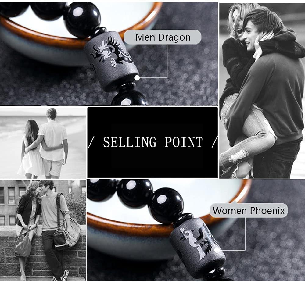 Natural Obsidian Stone Bead Bracelet Couple Men 10mm and Women 8mm Dragon and Phoenix Totem Jewelry