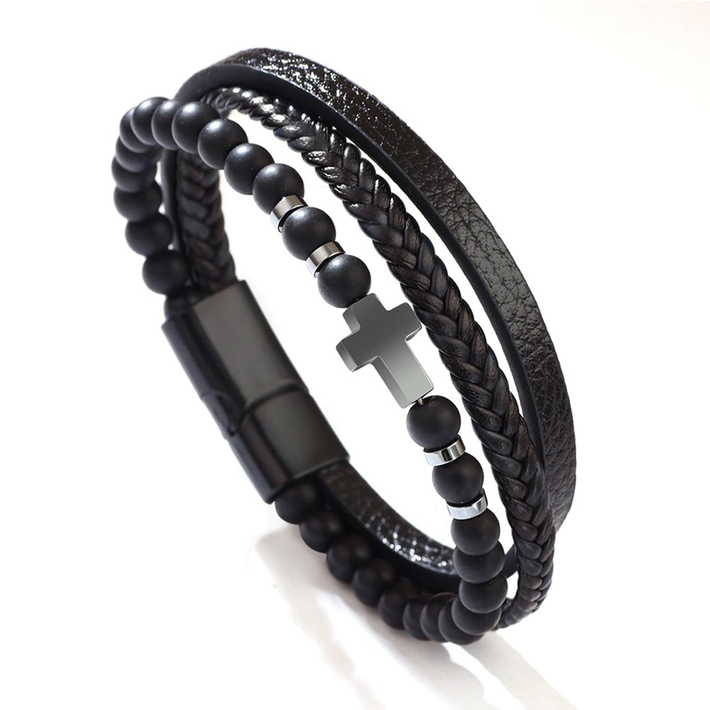 Cross Bracelet Obsidian Bracelet Mens Leather Cuff Bracelet, Christian Gift (21cm/8.27in, Cross+Obsidian)