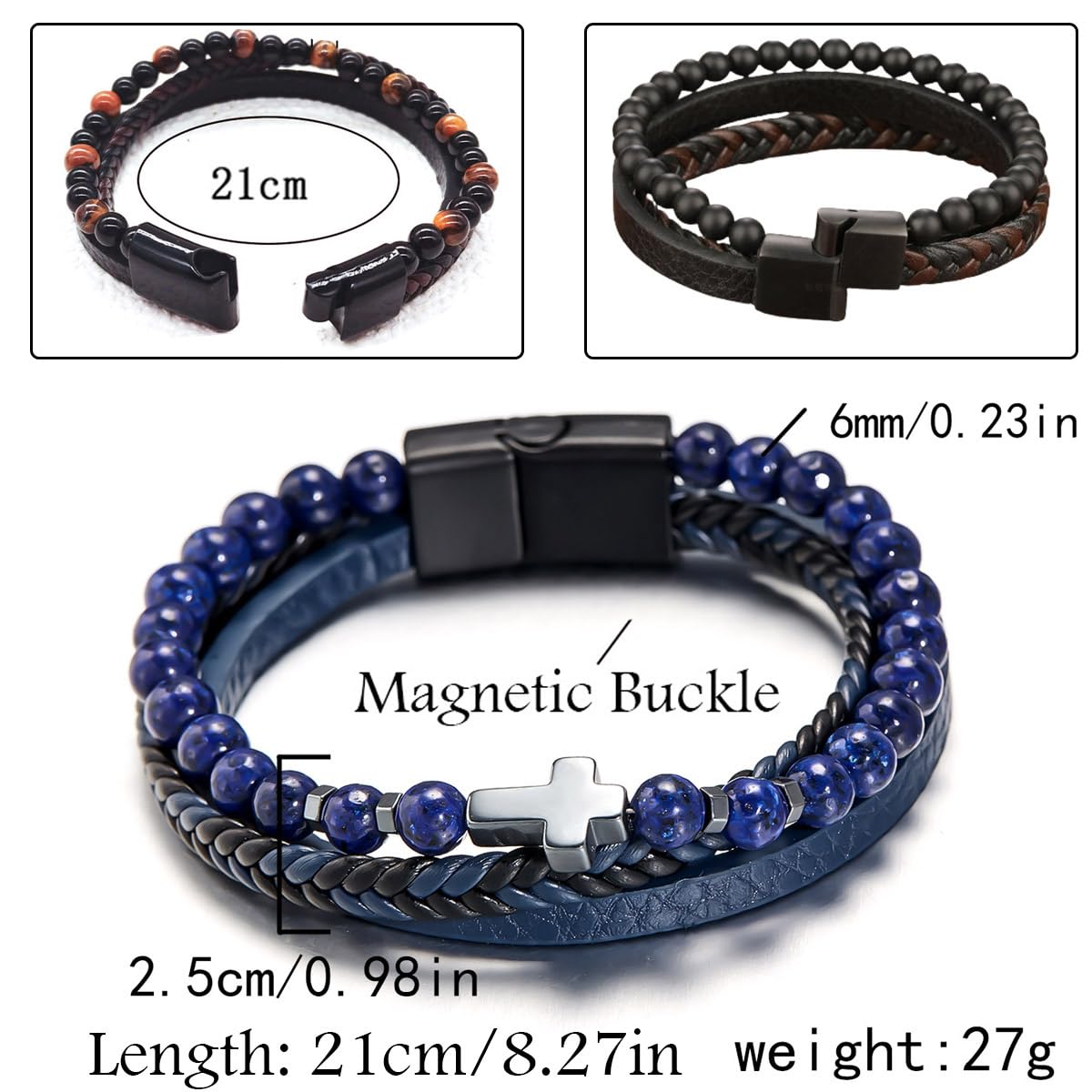 Cross Bracelet Obsidian Bracelet Mens Leather Cuff Bracelet, Christian Gift (21cm/8.27in, Cross+Obsidian)
