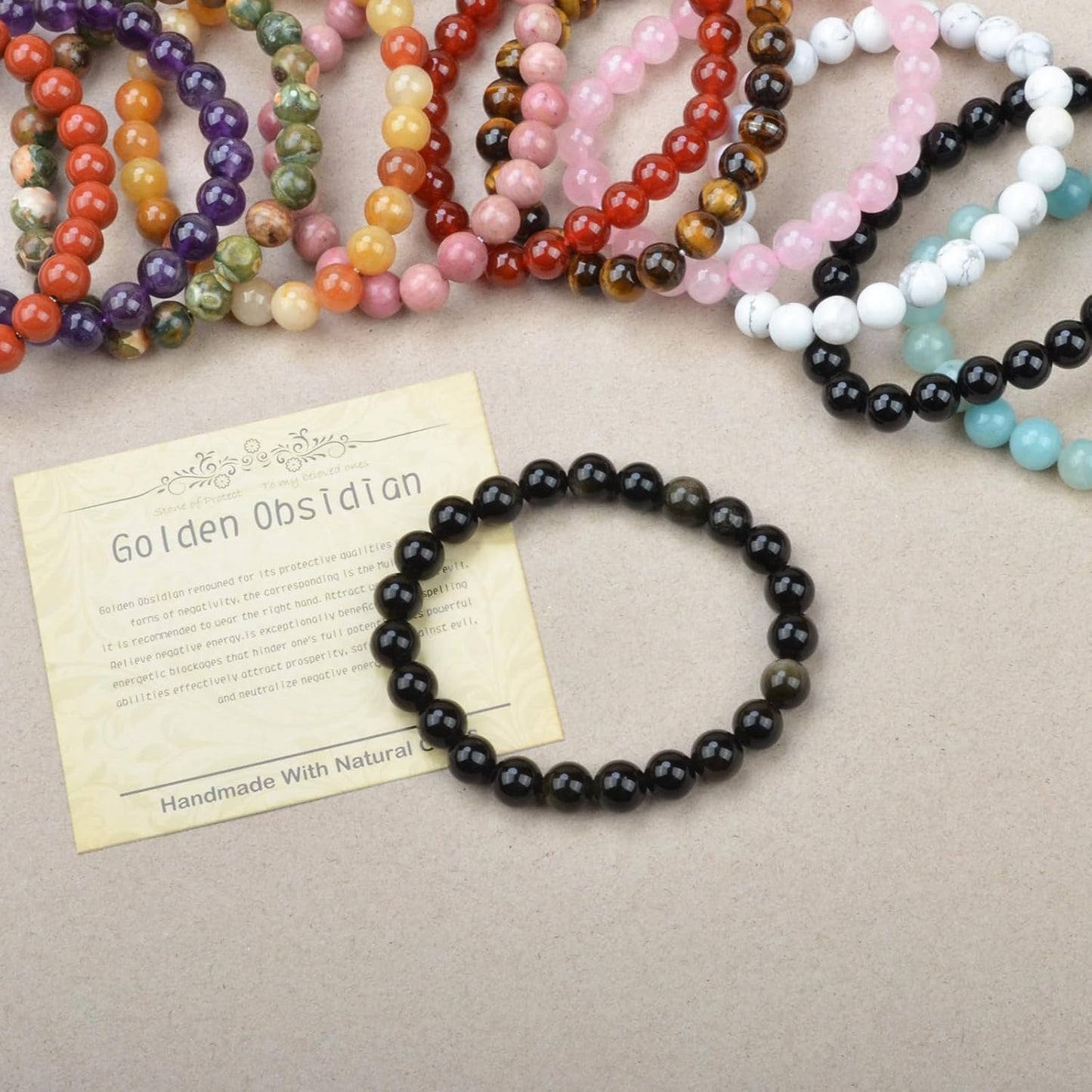 4mm Natural Healing Gemstone Bracelet Handmade Yoga Stretch Elastic Bracelet Stress Relief Crystal Jewelry for Men and Women (4mm, Golden Obsidian)
