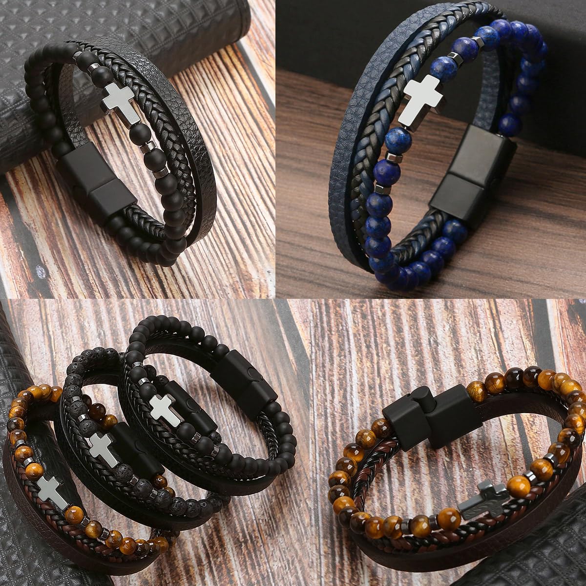 Cross Bracelet Obsidian Bracelet Mens Leather Cuff Bracelet, Christian Gift (21cm/8.27in, Cross+Obsidian)