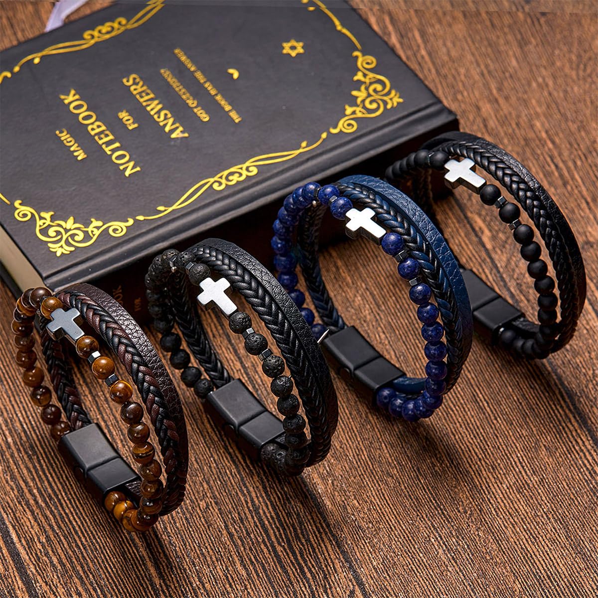 Cross Bracelet Obsidian Bracelet Mens Leather Cuff Bracelet, Christian Gift (21cm/8.27in, Cross+Obsidian)