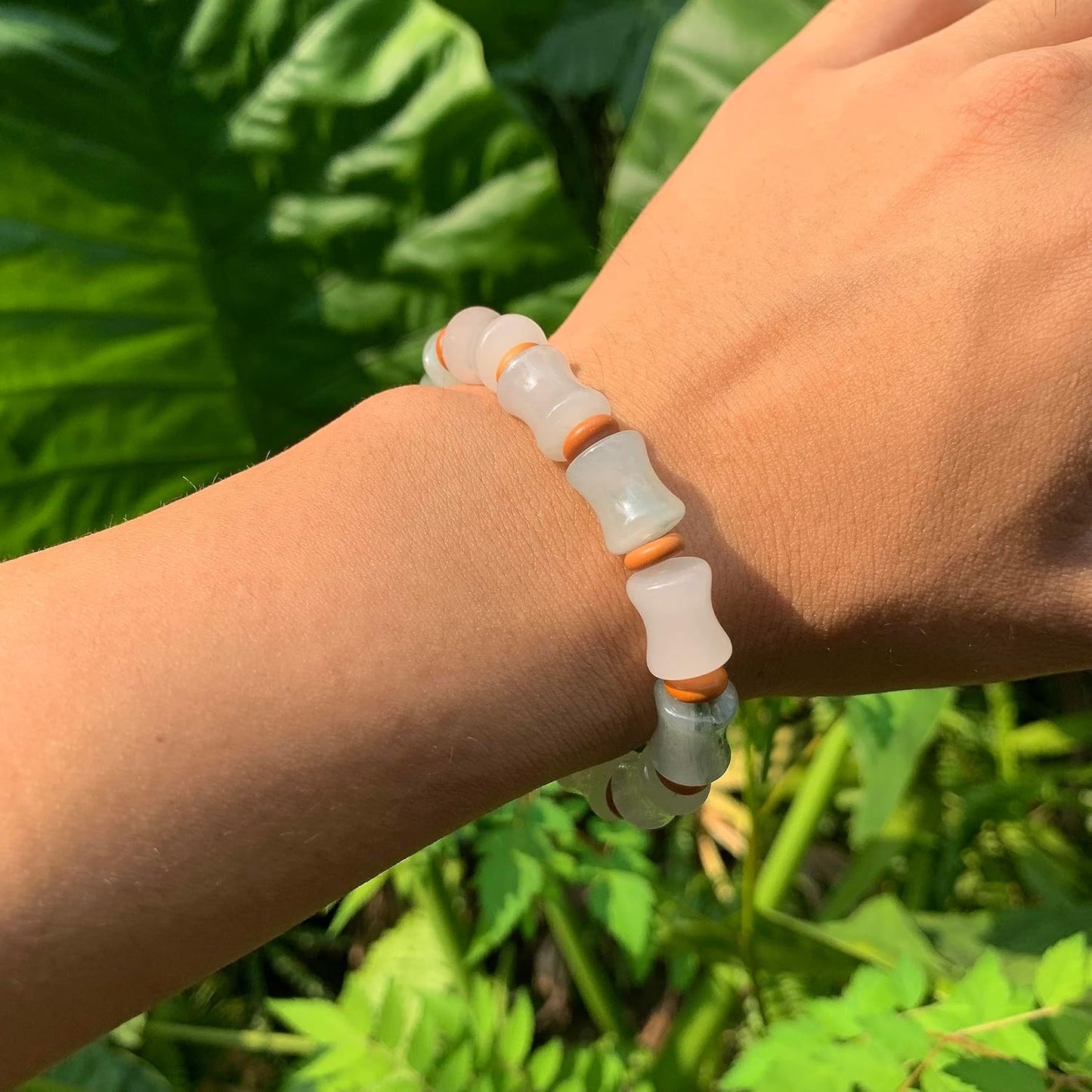 Handmade Genuine Jade Bamboo Shape Beaded Bracelet, Feng-shui Stone Chakra Healing Gemstone Crystal Beads Adjustable Bangle Cuff Jewelry Gift for Women Men (Bamboo Shape)