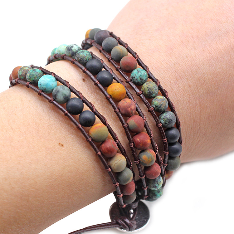 India Agate Snap Button Lock Genuine Leather Bracelet