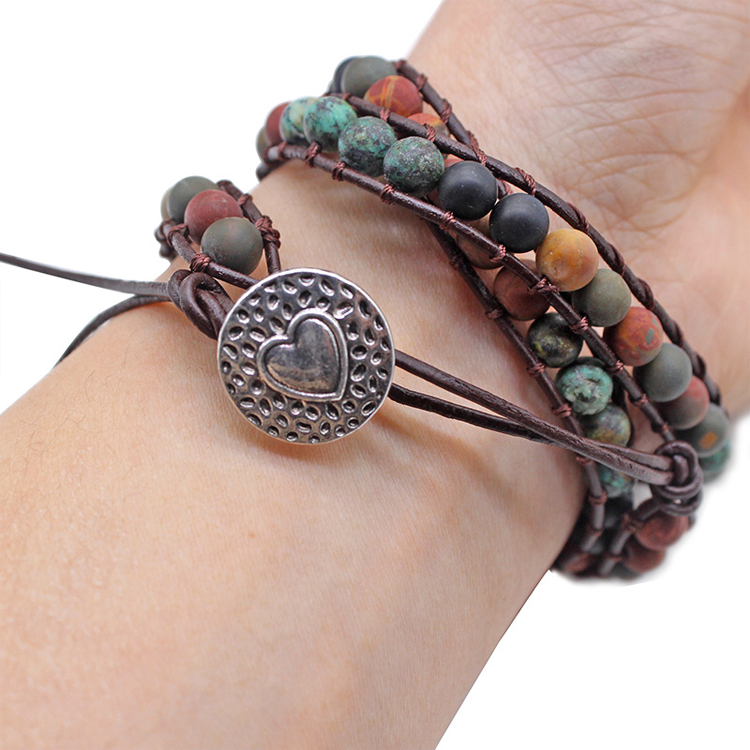India Agate Snap Button Lock Genuine Leather Bracelet