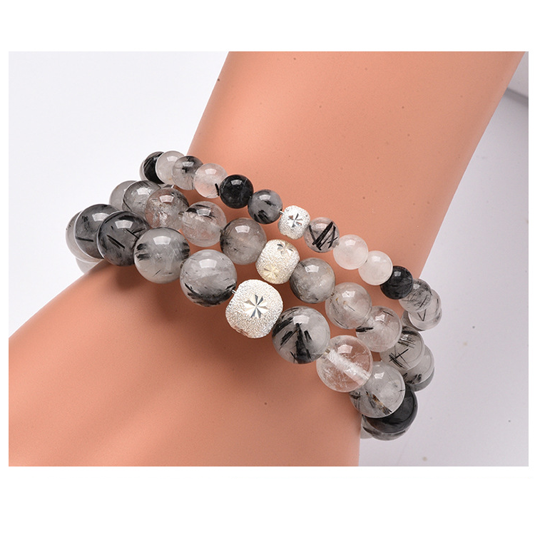 Natural Black Rutilated Quartz Crystal Round Beads Stretch Bracelet