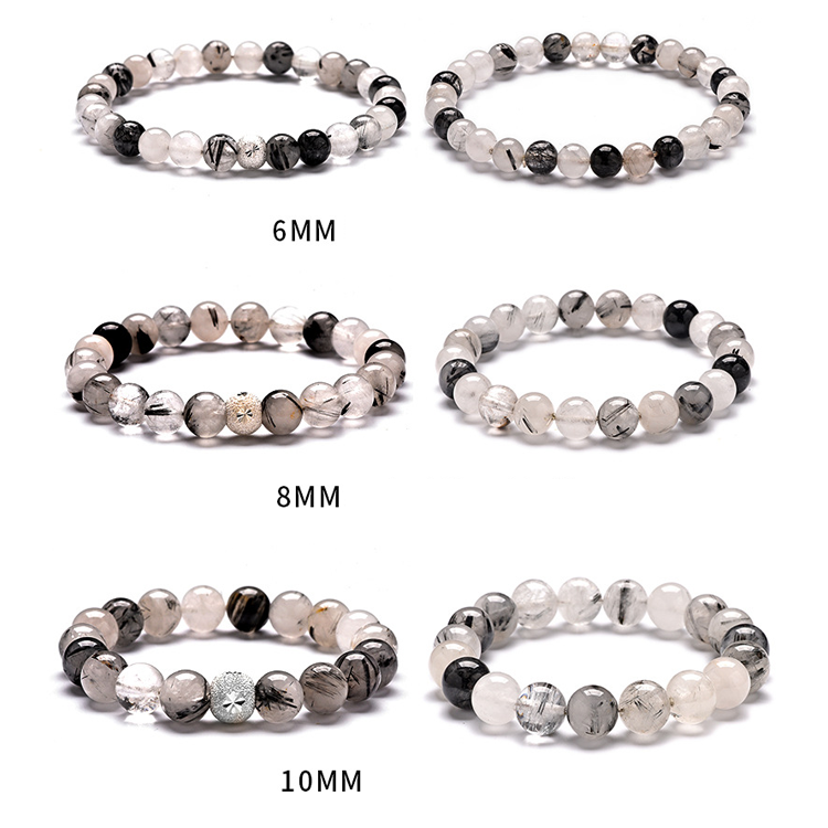 Natural Black Rutilated Quartz Crystal Round Beads Stretch Bracelet