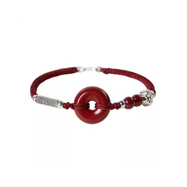 Natural Genuine Cinnabar Lucky Buckle Sterling Silver Transport Bracelet