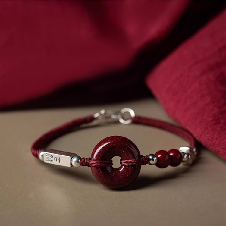 Natural Genuine Cinnabar Lucky Buckle Sterling Silver Transport Bracelet