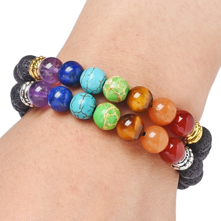 Natural 7 Chakra Tree Of Life Charm Lava Stones Multicolor Bead Bracelet