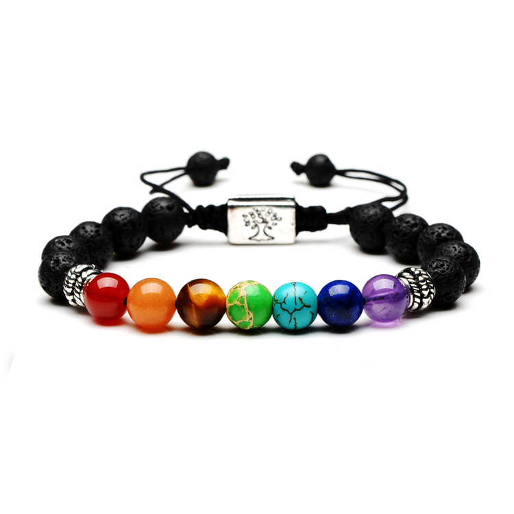 Natural 7 Chakra Tree Of Life Charm Lava Stones Multicolor Bead Bracelet