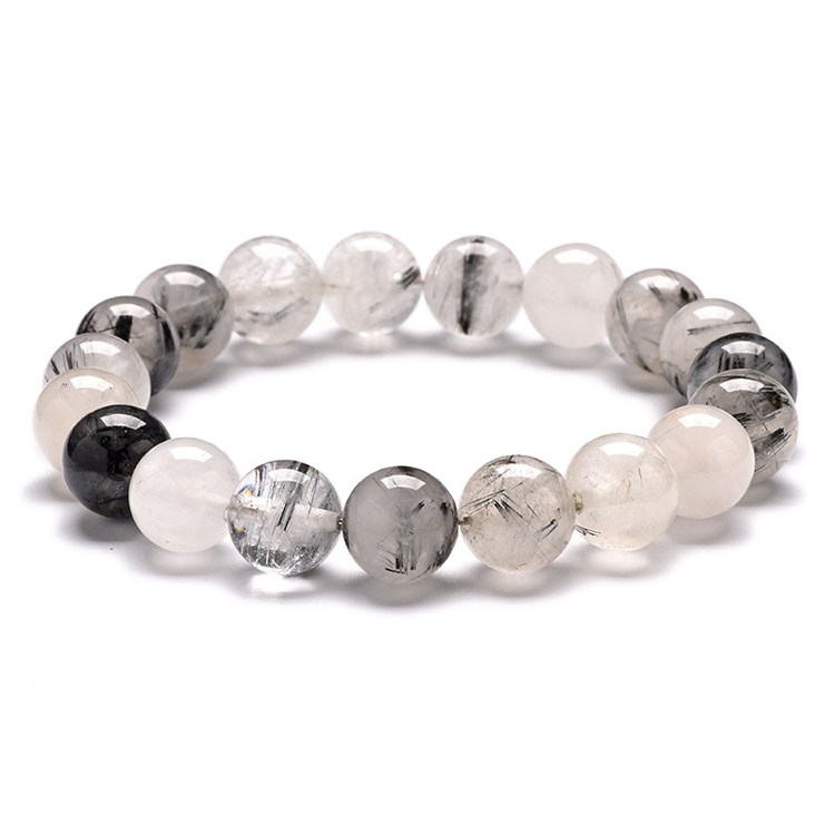 Natural Black Rutilated Quartz Crystal Round Beads Stretch Bracelet