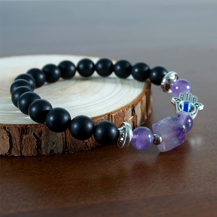 Hand of Fatima 10mm Amethyst Pyramid Protection Lucky Bracelet