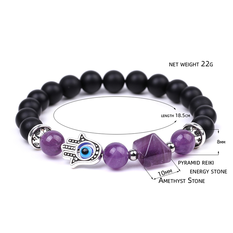 Hand of Fatima 10mm Amethyst Pyramid Protection Lucky Bracelet