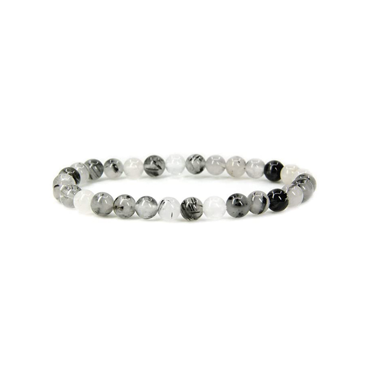 Natural Black Rutilated Quartz Crystal Round Beads Stretch Bracelet