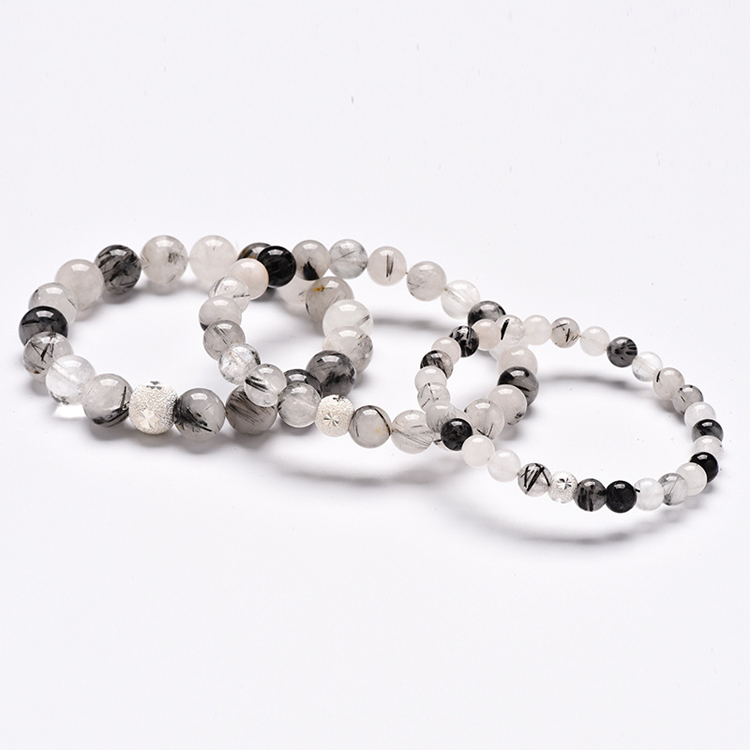 Natural Black Rutilated Quartz Crystal Round Beads Stretch Bracelet