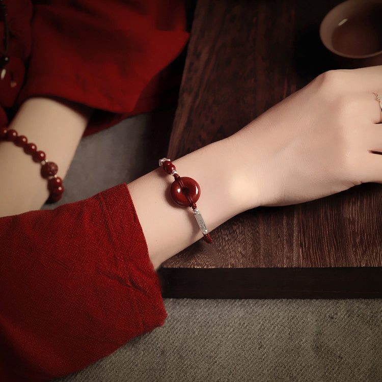 Natural Genuine Cinnabar Lucky Buckle Sterling Silver Transport Bracelet