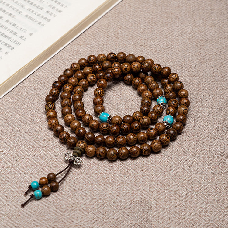 108 Natural Wenge Wood Turquoise Anxiety Beads Bracelet