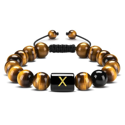 Initial Beaded Bracelet, Healing Gemstone Bracelet with Natural Tiger Eye&Black Onyx, Stress Relief Yoga Beads Adjustable Bracelet Bring Luck Prosperity Happiness for Men Women