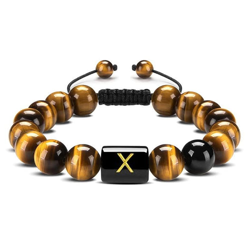 Initial Beaded Bracelet, Healing Gemstone Bracelet with Natural Tiger Eye&Black Onyx, Stress Relief Yoga Beads Adjustable Bracelet Bring Luck Prosperity Happiness for Men Women