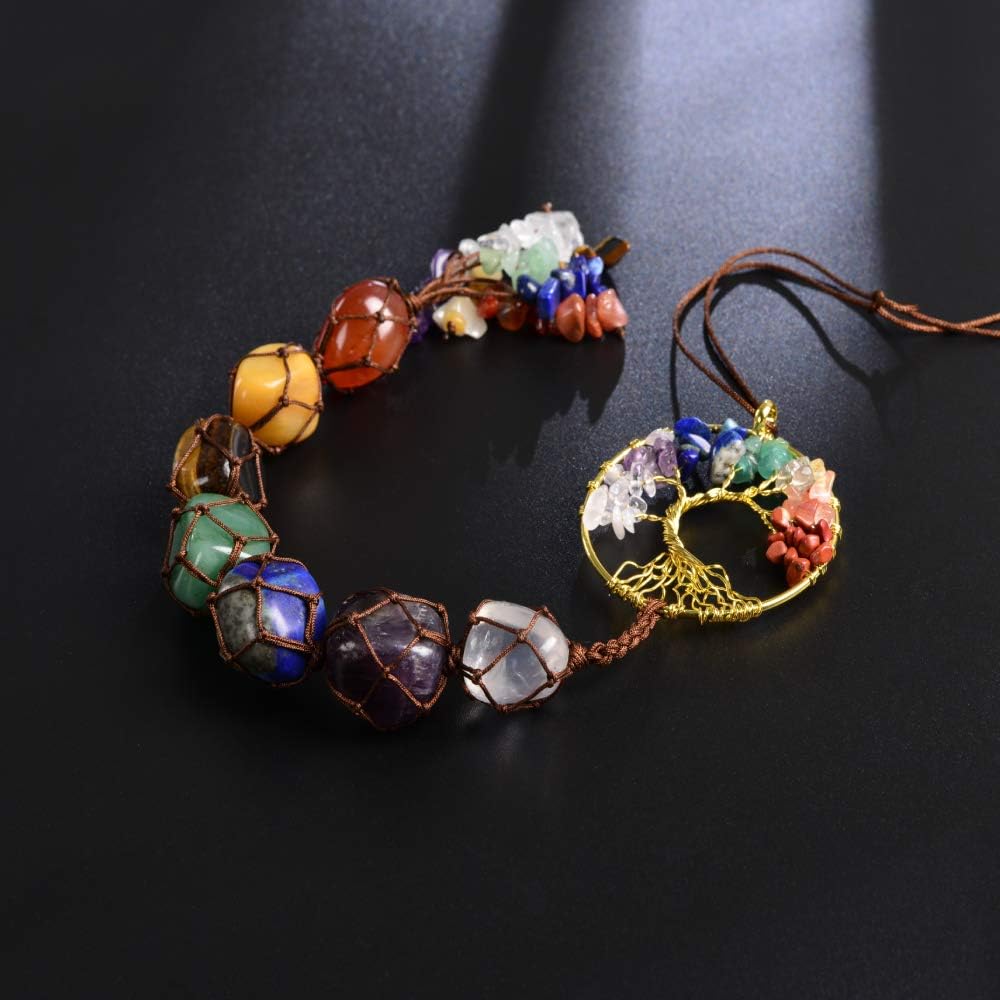 VNVETYTO Tree of Life Chakra Stones Healing Crystals Feng Shui Hanging Ornament 7 Chakra Wall Ornament Meditation Hanging Car Ornament Window Ornament for Home Decor Christmas Tree Decor