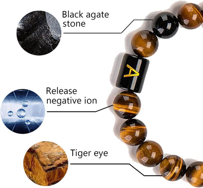 Initial Beaded Bracelet, Healing Gemstone Bracelet with Natural Tiger Eye&Black Onyx, Stress Relief Yoga Beads Adjustable Bracelet Bring Luck Prosperity Happiness for Men Women