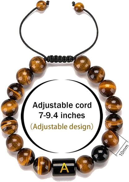 Initial Beaded Bracelet, Healing Gemstone Bracelet with Natural Tiger Eye&Black Onyx, Stress Relief Yoga Beads Adjustable Bracelet Bring Luck Prosperity Happiness for Men Women