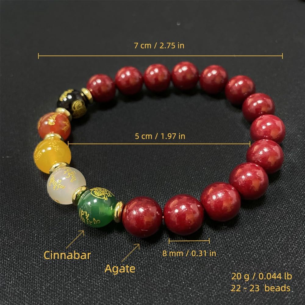 2-Piece Cinnabar bracelet, Traditional Chinese Wealth and Auspicious Bracelet,Feng Shui Blessing Beads Bracelet with Cinnabar for Warding Off Evil and Disasters,Fortune,and Friendship,for Men and Women