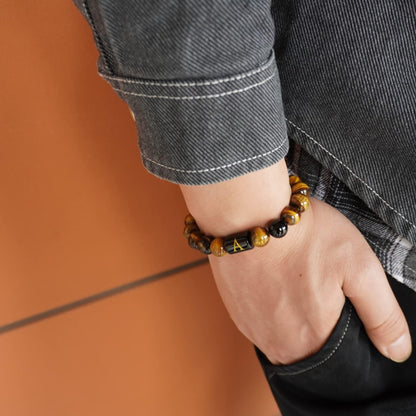 Initial Beaded Bracelet, Healing Gemstone Bracelet with Natural Tiger Eye&Black Onyx, Stress Relief Yoga Beads Adjustable Bracelet Bring Luck Prosperity Happiness for Men Women