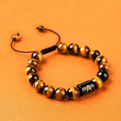 Initial Beaded Bracelet, Healing Gemstone Bracelet with Natural Tiger Eye&Black Onyx, Stress Relief Yoga Beads Adjustable Bracelet Bring Luck Prosperity Happiness for Men Women