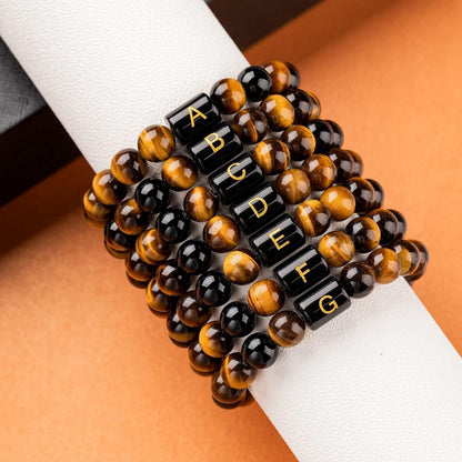 Initial Beaded Bracelet, Healing Gemstone Bracelet with Natural Tiger Eye&Black Onyx, Stress Relief Yoga Beads Adjustable Bracelet Bring Luck Prosperity Happiness for Men Women