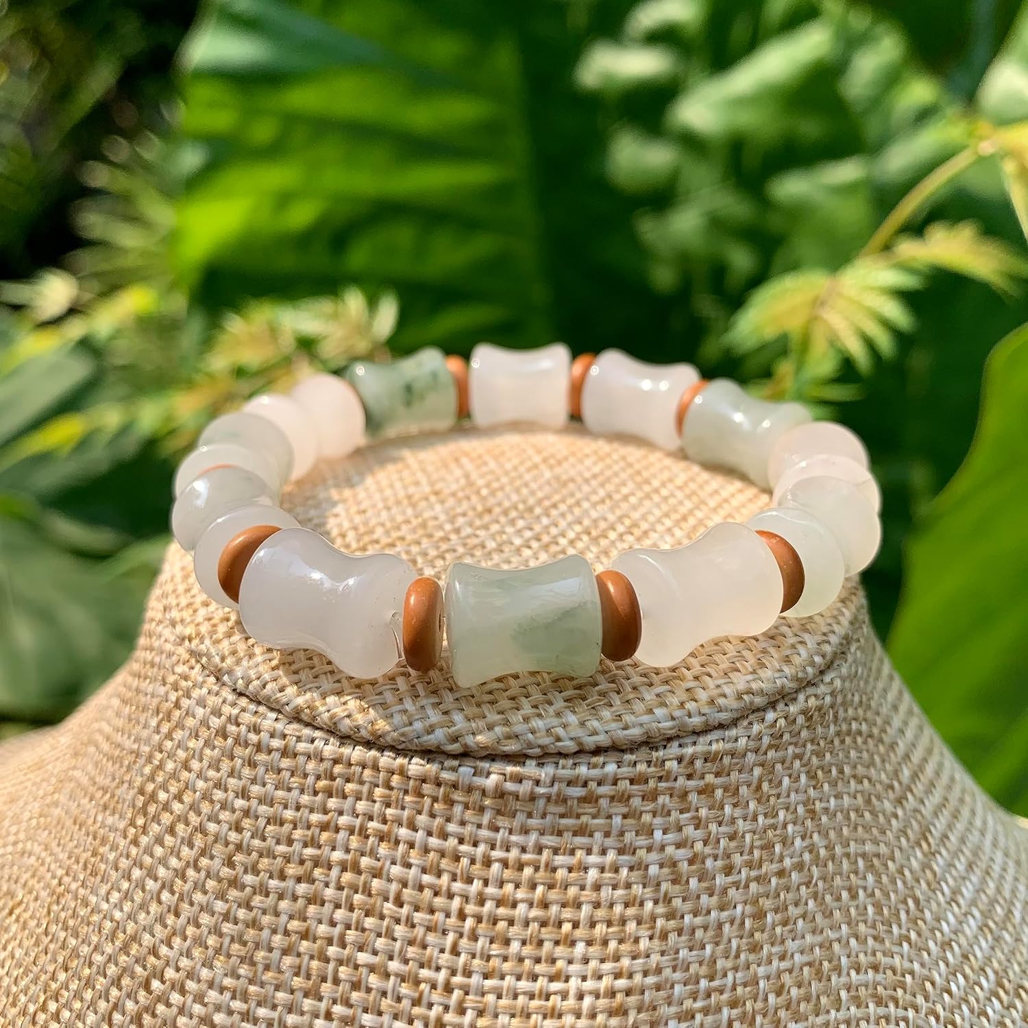 Handmade Genuine Jade Bamboo Shape Beaded Bracelet, Feng-shui Stone Chakra Healing Gemstone Crystal Beads Adjustable Bangle Cuff Jewelry Gift for Women Men (Bamboo Shape)