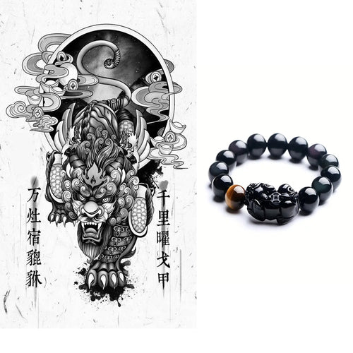 Black Obsidian Bracelet Bangle with Pixiu Tiger Eye Stone Attract Wealth