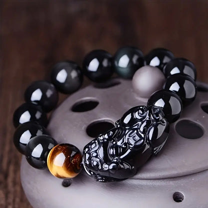 Black Obsidian Bracelet Bangle with Pixiu Tiger Eye Stone Attract Wealth