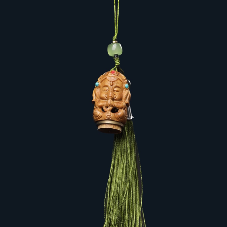 Natural Green Sandalwood Hollow Carved Elephant Head God Pendant