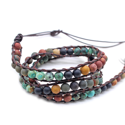 India Agate Snap Button Lock Genuine Leather Bracelet