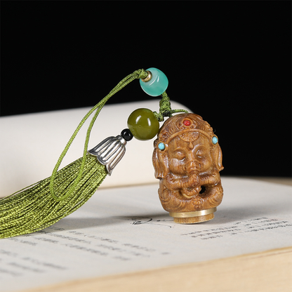 Natural Green Sandalwood Hollow Carved Elephant Head God Pendant