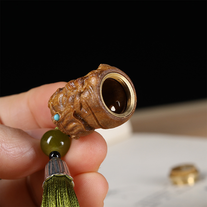 Natural Green Sandalwood Hollow Carved Elephant Head God Pendant