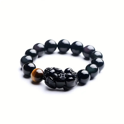 Black Obsidian Bracelet Bangle with Pixiu Tiger Eye Stone Attract Wealth