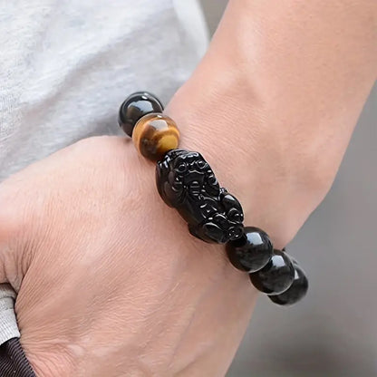 Black Obsidian Bracelet Bangle with Pixiu Tiger Eye Stone Attract Wealth