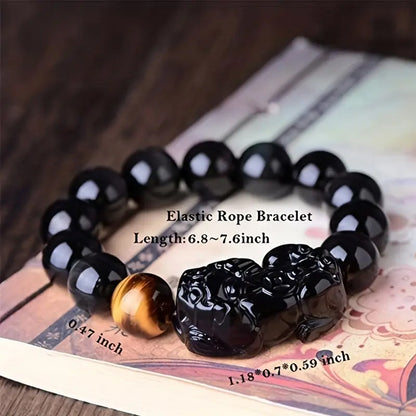 Black Obsidian Bracelet Bangle with Pixiu Tiger Eye Stone Attract Wealth