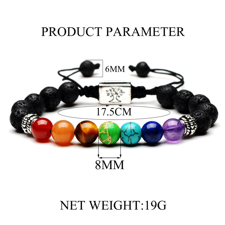 Natural 7 Chakra Tree Of Life Charm Lava Stones Multicolor Bead Bracelet